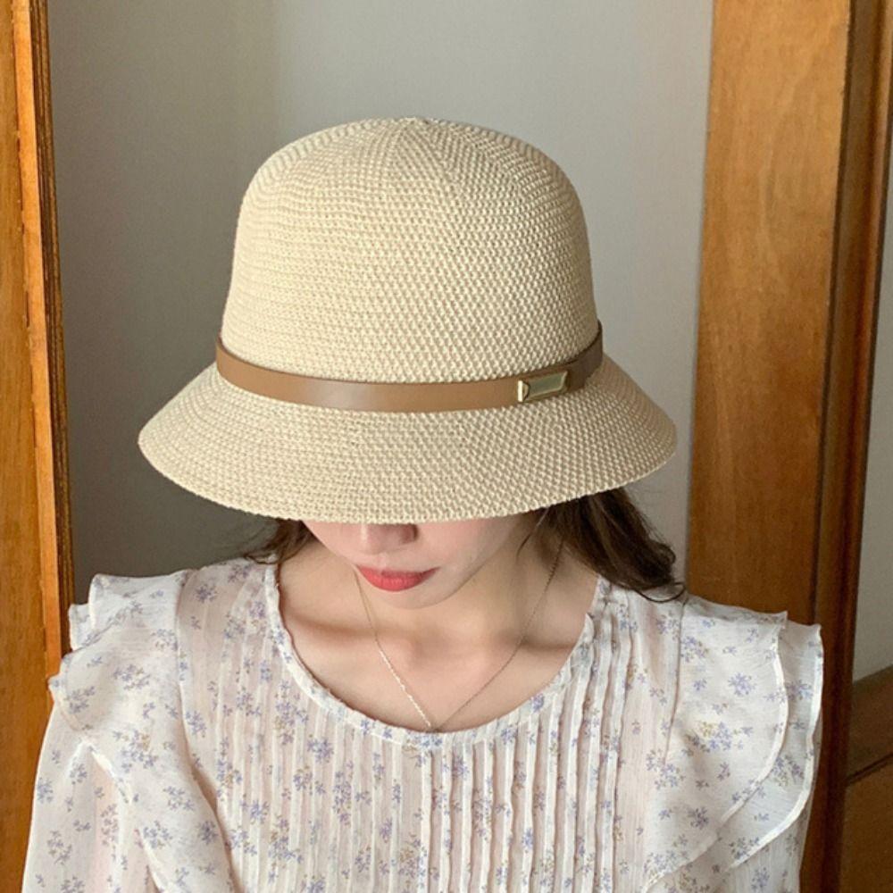 PU Leather Belt Women Sunscreen Hats Wide Brim Outdoor Straw Hats Korean Summer Bucket Hats  Girls