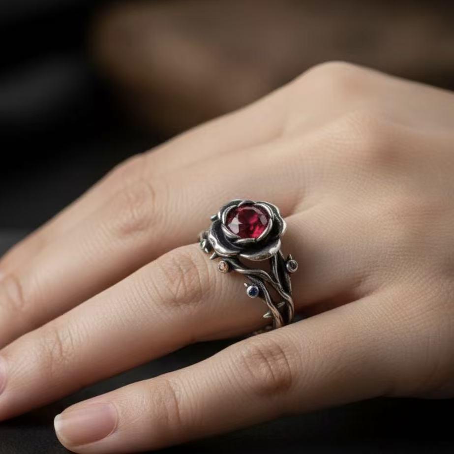 Anello Eco-friendly 2025 in Lega di Diamante con Spina di Rosa Rossa – Stile Retro Europeo/Americano per Donne