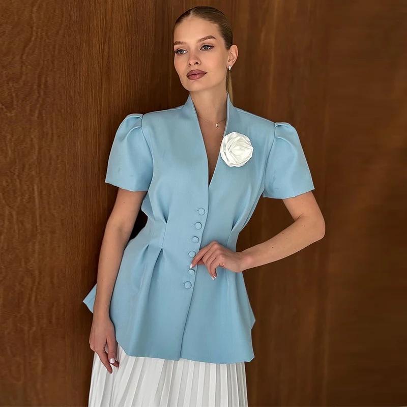 Moda Donna Europea e Americana Estate 2025 Top Suit Corto a Maniche Corte Floreale Fatto a Mano in Vita Stretta