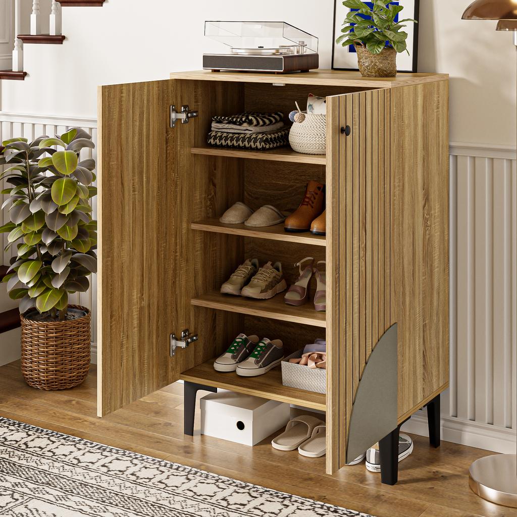 Modern Wooden Shoe Cabinet with Doors – Space-Saving Shoe Organizer with Shelf Compartments, Storage & Black PVC Frame, Elegant Design for Hallway