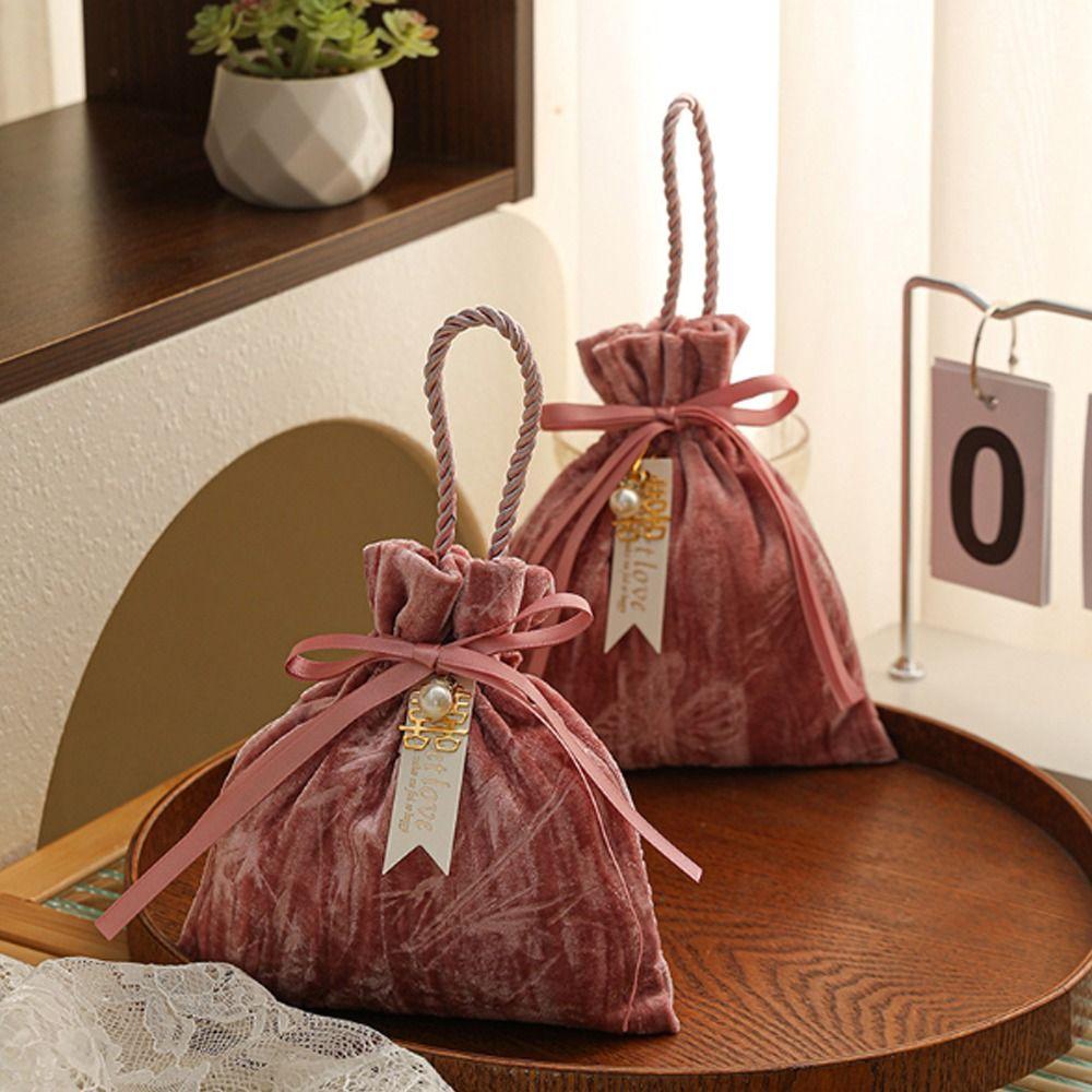 Dust Protect Gift Bag Ribbon Bow Drawstring Bag Portable Bag Velvet Candy Box Party Candy