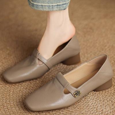 Thick Heel Shallow Mouth Single Shoes Women's Spring New Square Head Soft Leather Soft Sole Foot Cover Word with Low Heel Large Size