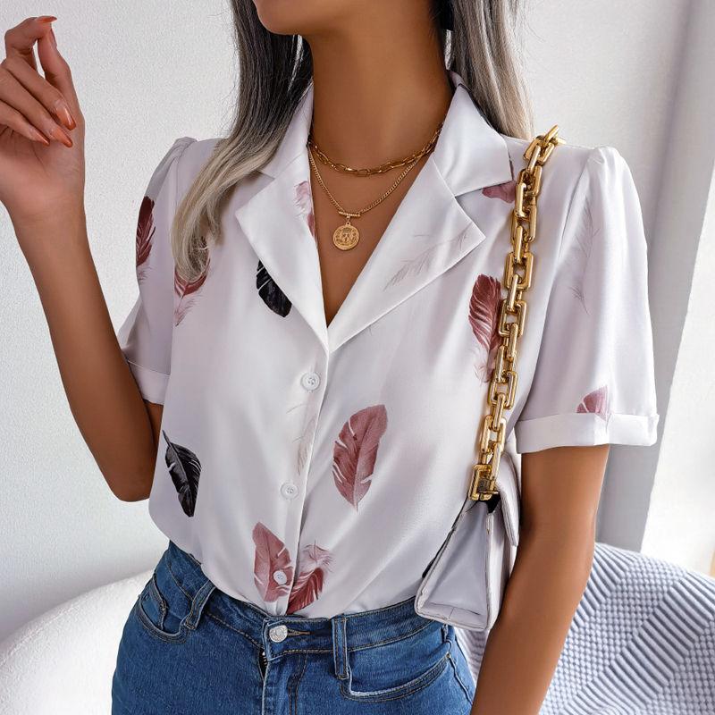 Women Summer Suit Collar Feather Loose Short Sleeve Shirt Blouses Loose All Match Tops