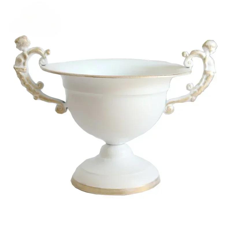 New Retro White Iron Flower Ware French Wedding Banquet Table Decoration Vase Golden Angel Handle Flower Arrangement FlowerPot