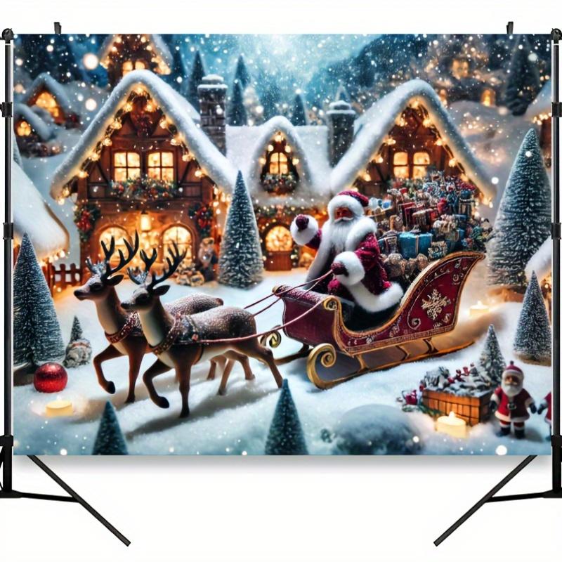 Magical Christmas photography backdrop showcasing Santa Claus riding a sled through holiday decorated villages 150X100