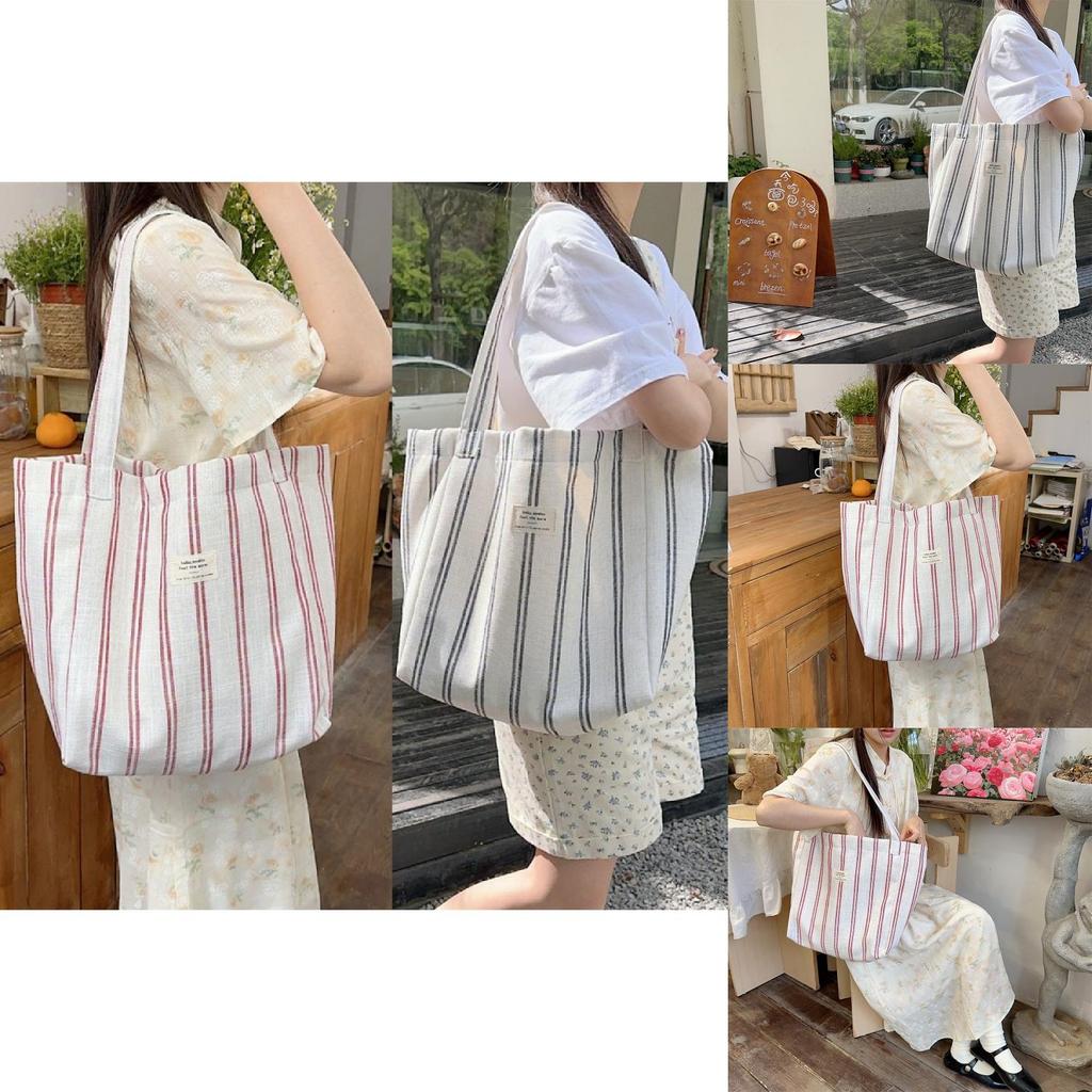 Fashionable Korean Large Capacity Striped Canvas Tote Bag For Spring Summer