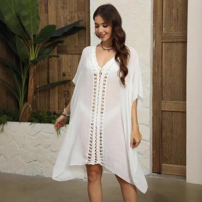 Hand-Crocheted Lace Patchwork Beach Cover-Up: Sun Protection, Solid Color, Loose Fit
