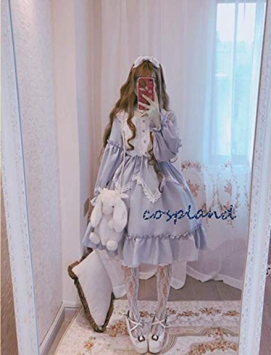 Cospland Lolita Gok Langes Schwarz-Mori Kleid, Stil, Ärmel, Blau-Grau, Cosplay, Mädchen, Pendler, Damen (Größe M, Blau-Grau)