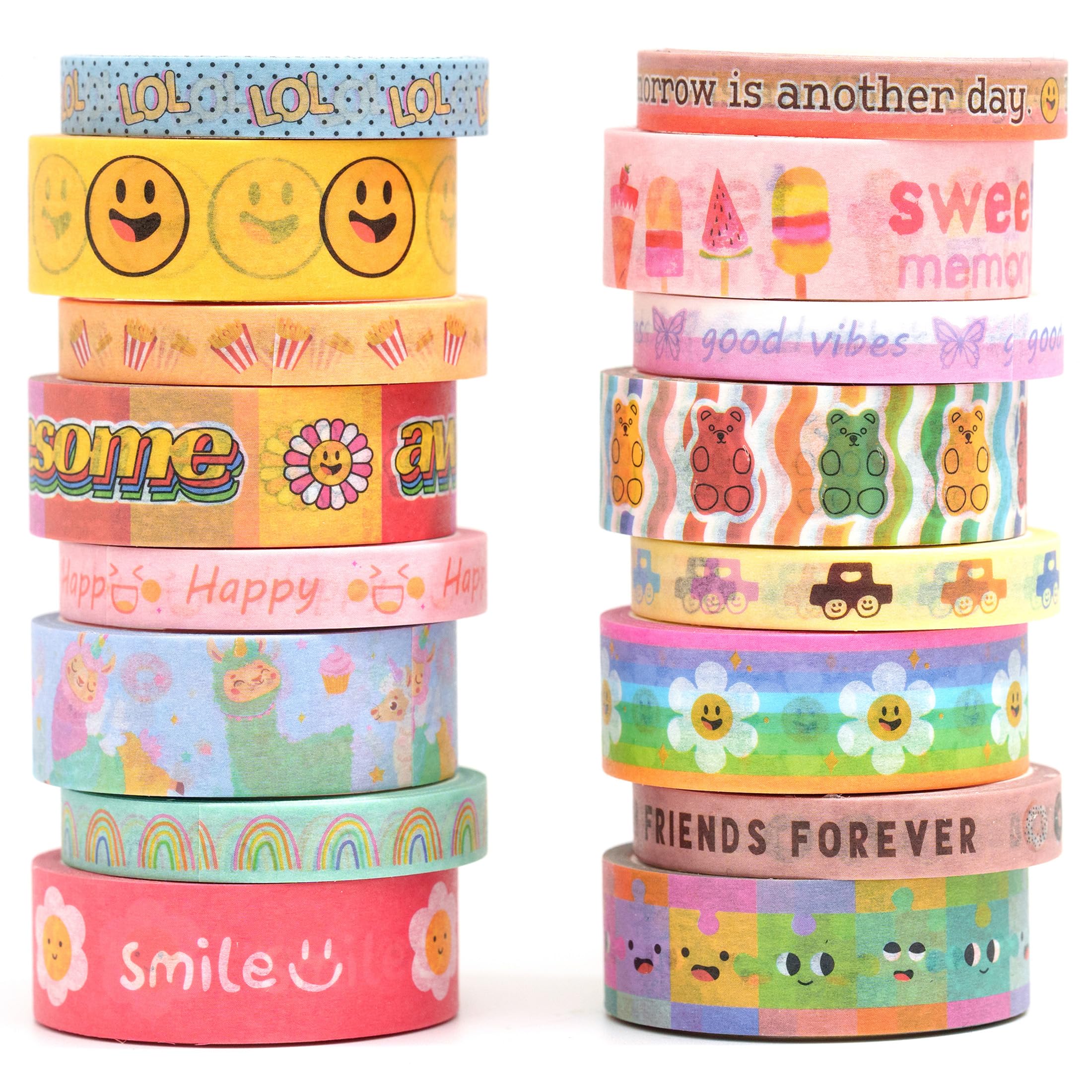 

YUBX Masking Tape Cute Cartoon Washi Paper Bright Perfect for DIY Gift and 16-Piece Set Patterns, Tape, Colors, Crafts, Journals, Planners,