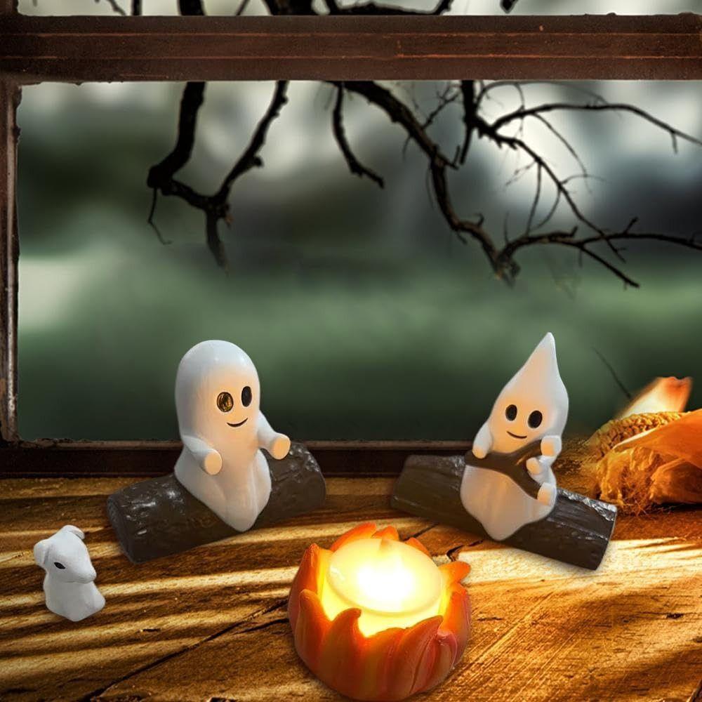 LED Campfire Scene Ghost Campfire Nightlight Spooky Fire Marshmallow Small Electric Faux Halloween Party Decor Cute Ghost