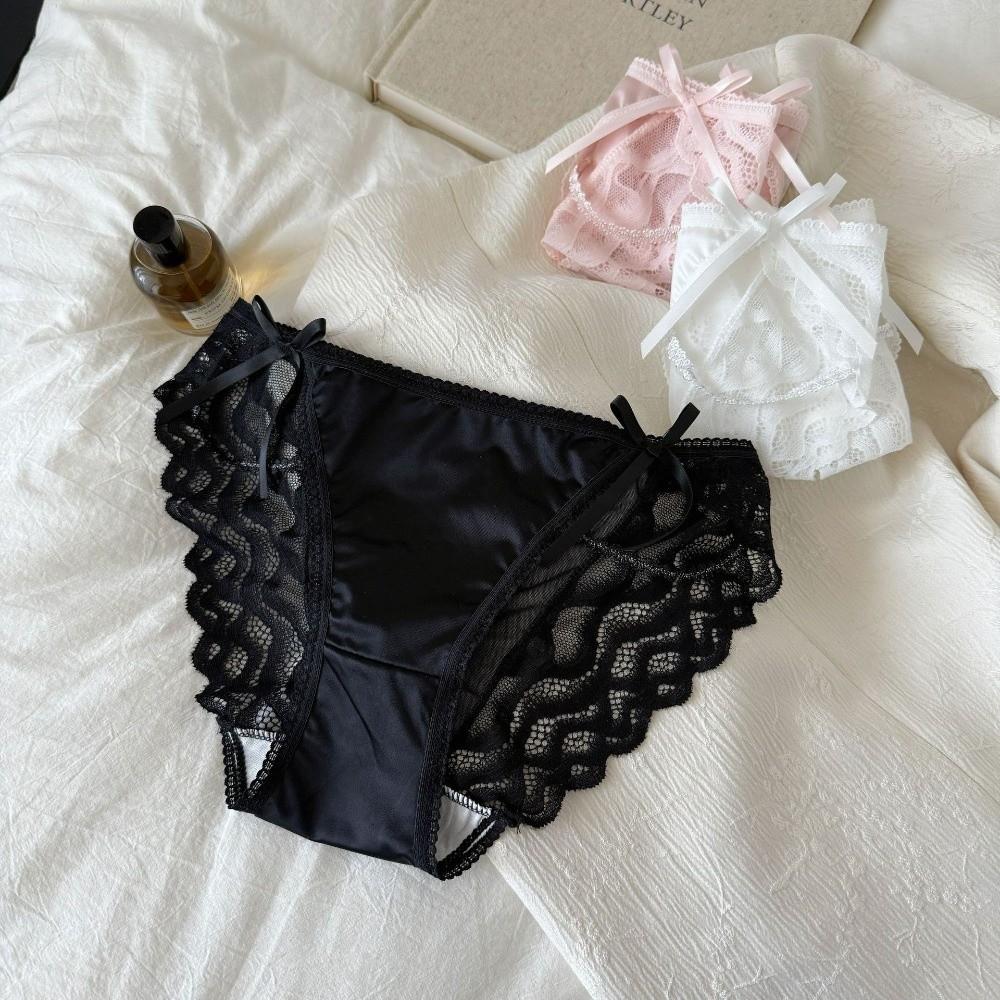 Bow Satin Silk Briefs Transparent Lace Mesh Briefs Fashion Women Underwear Lady