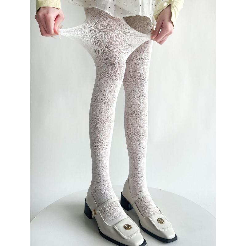 Women Elegant Hollowed Out Lace Solid Pantyhose Stockings Japanese Style Vintage Flower Jacquard Mesh Tights Leggings