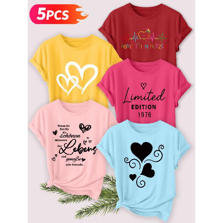 Five-piece set Elegant short-sleeved shirt for women Heart-shaped German series printed round-neck women's short-sleeve shirt suitable for spring and