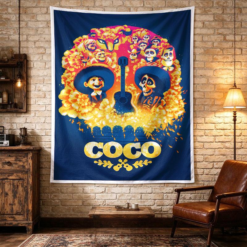 Coco marigold-petal skull arch framing Miguel and a guitar-strumming skeleton, deep navy and glowing orange Day of the Dead art, Tapestry