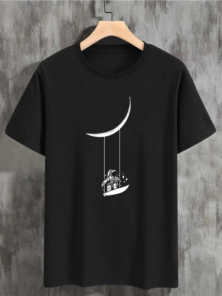 Astronaut Moon Swing 3D Print Men's T-Shirt Crew Neck Short Sleeve Top Spring Summer Menswear Loose Casua Top