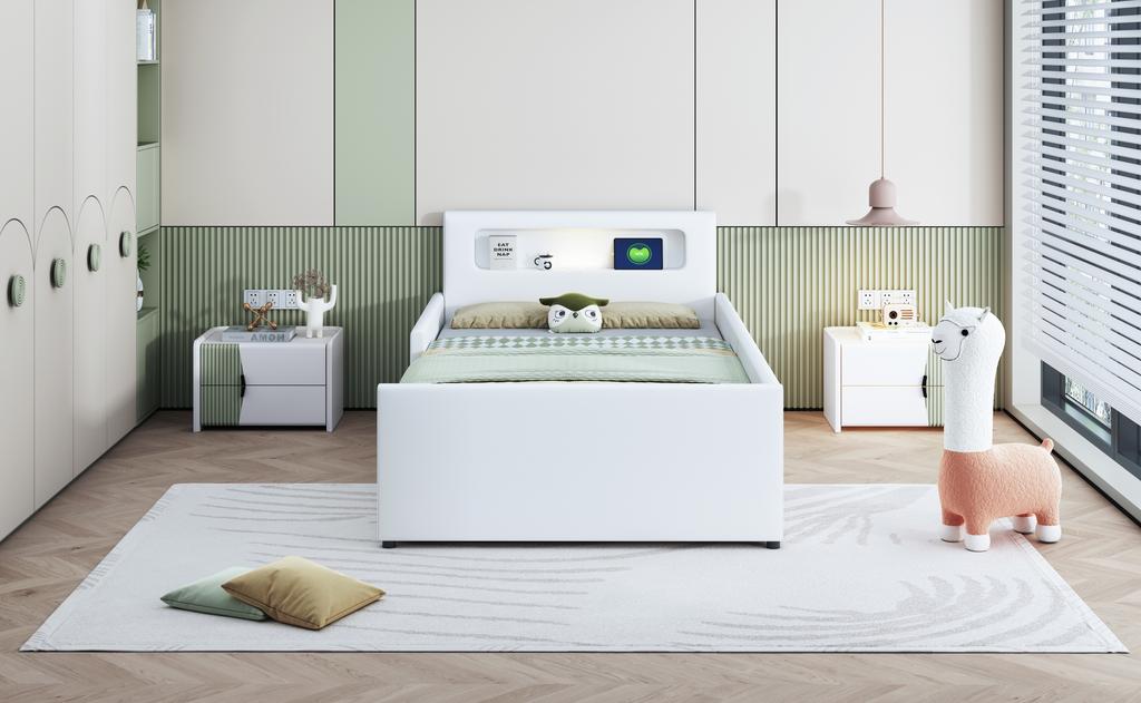 Upholstered Children's Bed 90*200 Cm, With Night Light and USB Charging Port, Storage Compartments, Raised Side Panels, Faux Leather Fabric, White