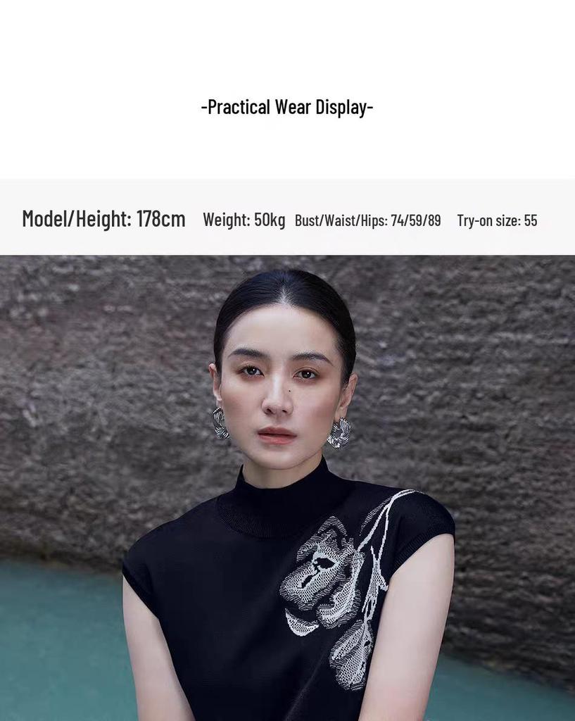 Dámský luxusní pletený top Lang Z podzim 2025 v čínském stylu s krátkým rukávem a kulatým výstřihem.