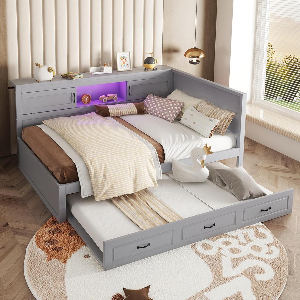Sofa Bed 90x200 Pull-out Daybed with LED Storage Compartment Socket USB, Slatted Frame
