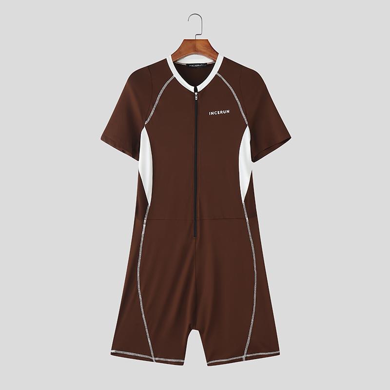 

INCERUN Men Stitching Short Sleeve Zip-up Jumpsuits Rompers Underwear 2XL коричневий