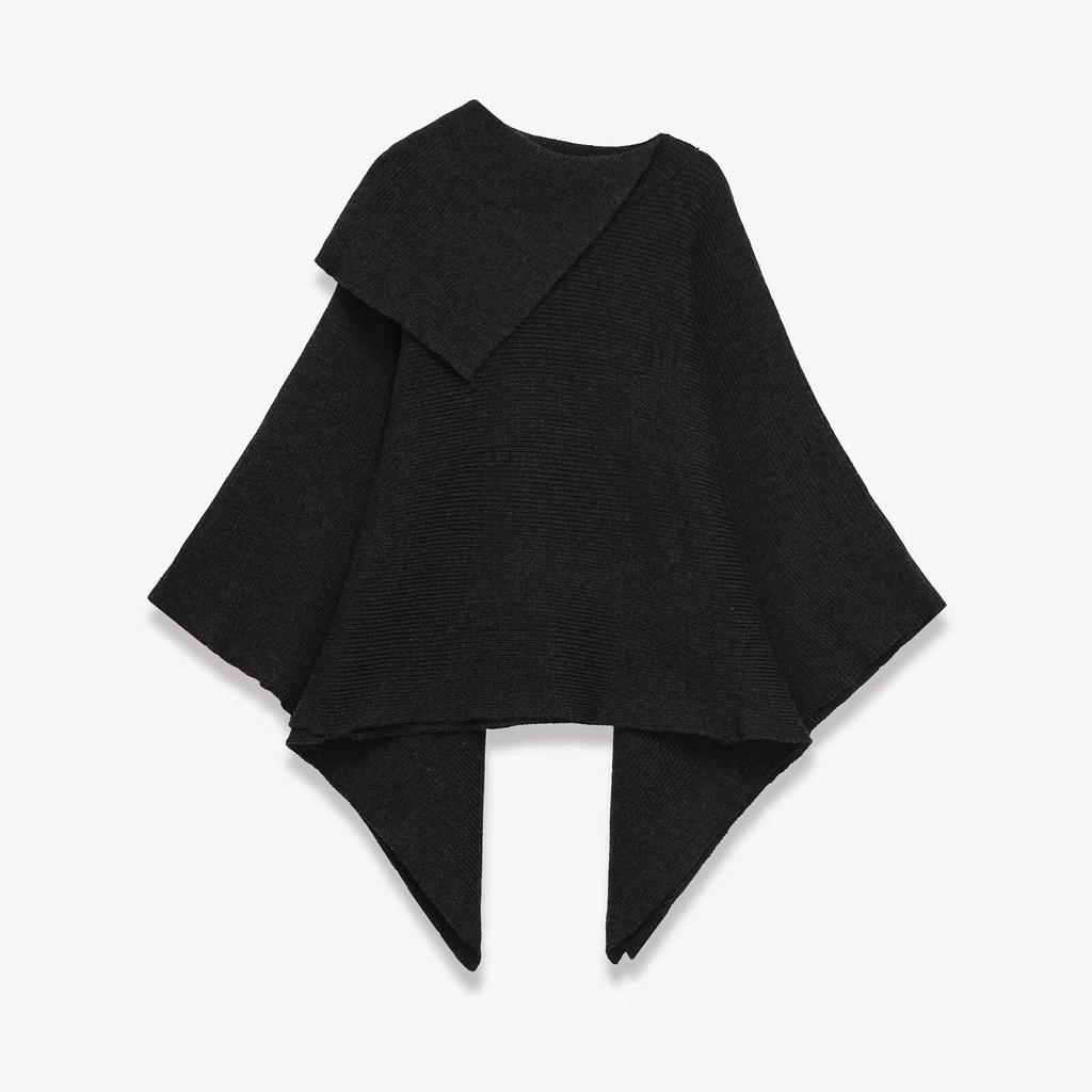 2025 Autumn Black Asymmetrical Cape Knitwear for Women - European Style