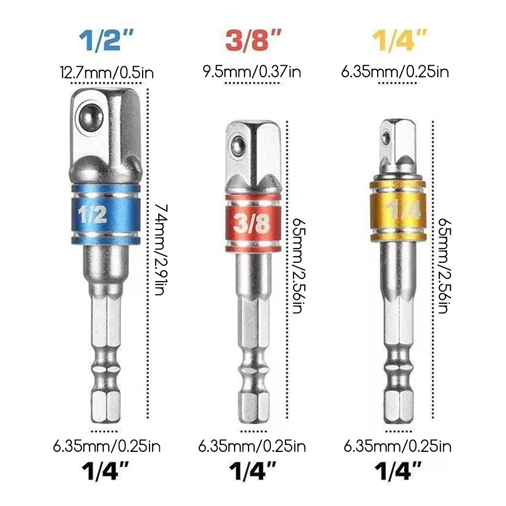 3pcs Impact Socket Adapter Set For Drill 1/4" 3/8" 1/2" Hex Socket Adapter Drill Bits Set,For Impact Wrenches