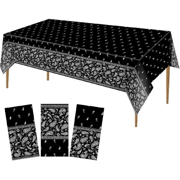NKM 3 Pcs 86.6 x 51.2in Black Bandana Party Tablecloths, Cholo Gangsta Theme Western Bandana Plastic Table Covers, Cholo Western Cowboy for Cholo