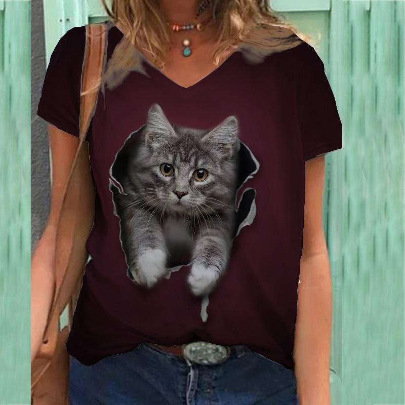 Floral Print T-shirt V-neck Print Women's Short Sleeved T-shirt Top