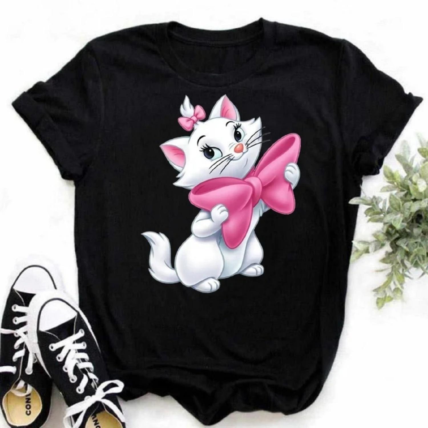 Aristocats Marie Cat Kawaii Cute Pattern Printed Cotton T-shirt 2025 Women s Summer Top Y2K Cute Style Couple Short Sleeve Top XXXXXL разноцветный