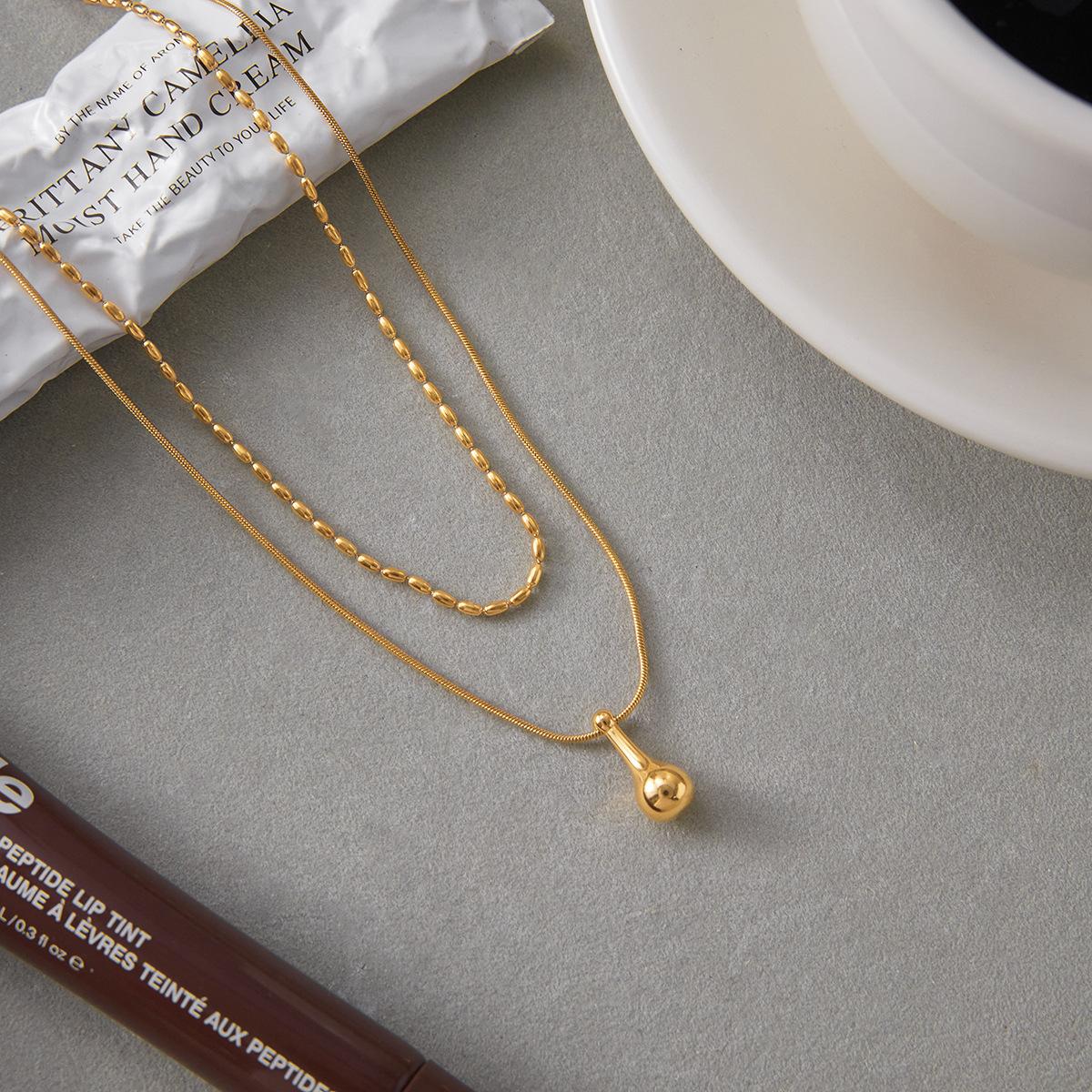 YF6650 Fashion Stainless Steel Waterproof 18K Gold Plated Double Layer Chain Water Drop Pendant Women Hypoallergenic Necklace