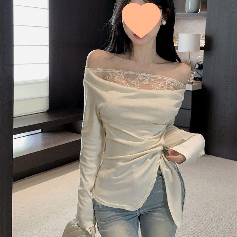 Women's Patchwork Lace One-Shoulder Top - Slim Fit, Early Autumn Long Sleeve Base Layer
