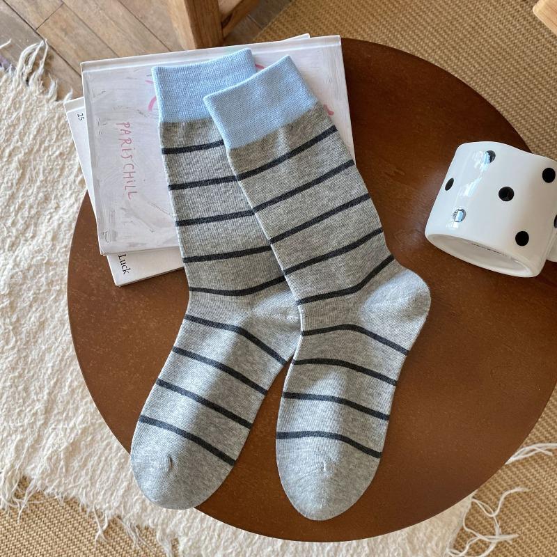 Women's Autumn and Winter Color-blocking Striped Mid-calf Socks, Versatile Color-blocking Long Calf Socks, Boneless Pile Socks for Women