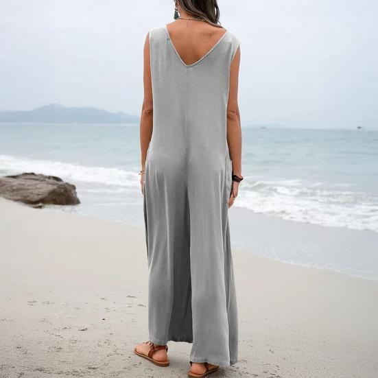 Women Casual Loose Long Bib Pants Sleeveless Wide Leg Baggy Jumpsuits Cotton Romper Overalls with Pockets