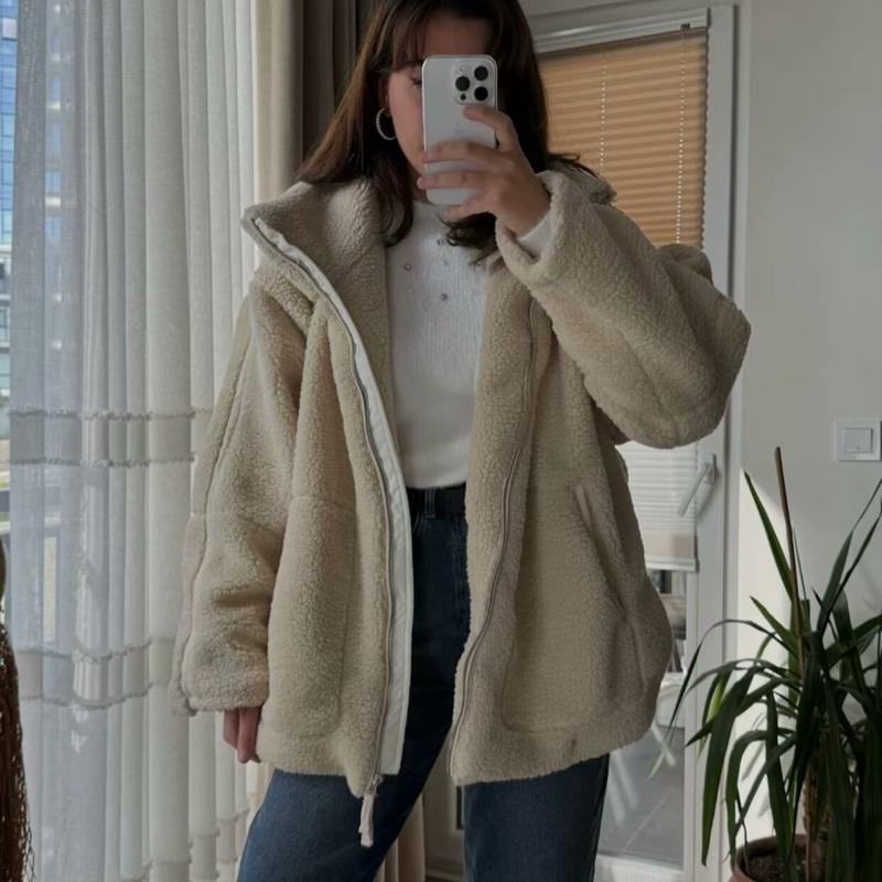 Winter Women Fashion Solid Color Warm Lamb Wool Short Coat Cardigan Jacket