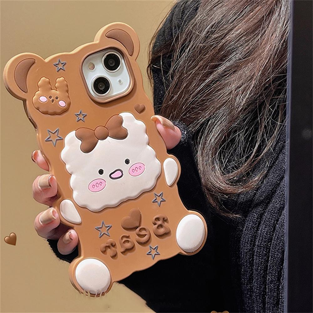 Korejský roztomilý 3D Cartoon Bear silikonový kryt na telefon s hvězdou pro iPhone 14 13 12 11 Pro Max Lovely Bunny ochranný měkký kryt Funda