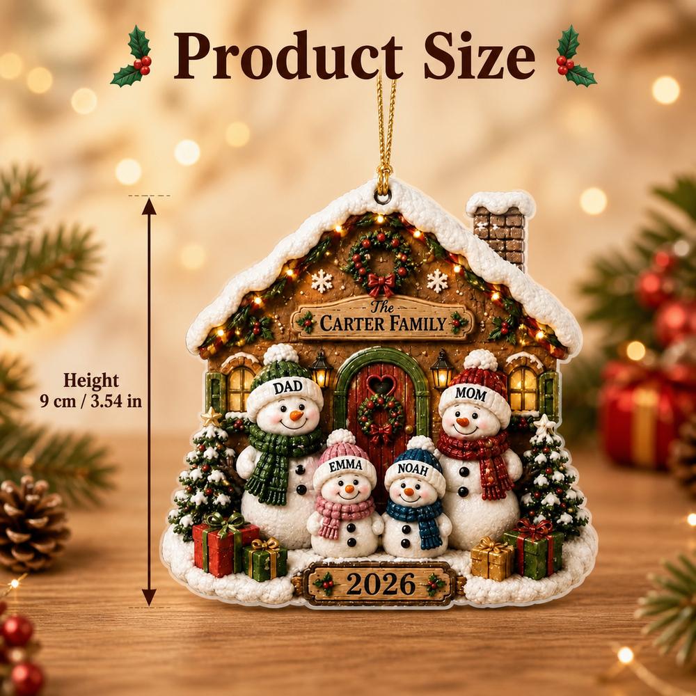 Individueller Schneemann-Weihnachts-Acryl-Anhänger mit Familiennamen, Lebkuchenhaus mit 4 Schneemännern, Personalisierte Weihnachtsbaum-Hänge-Dekoration