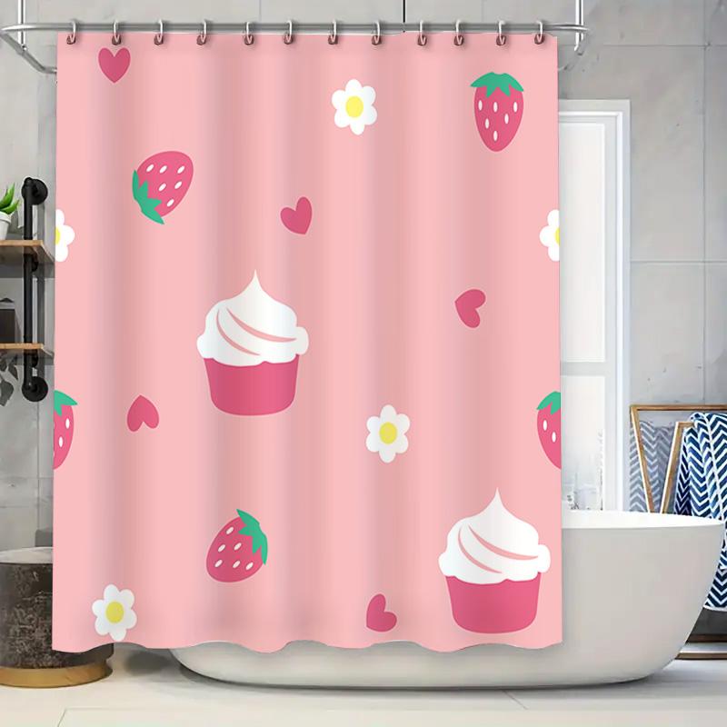 

Cute Stripes Cupcakes Shower Curtain For Bathroom Decor Pink Floral Fabric Waterproof Bath Mat With Hooks Available In Various S W60H190(CM)-1 Pcs
