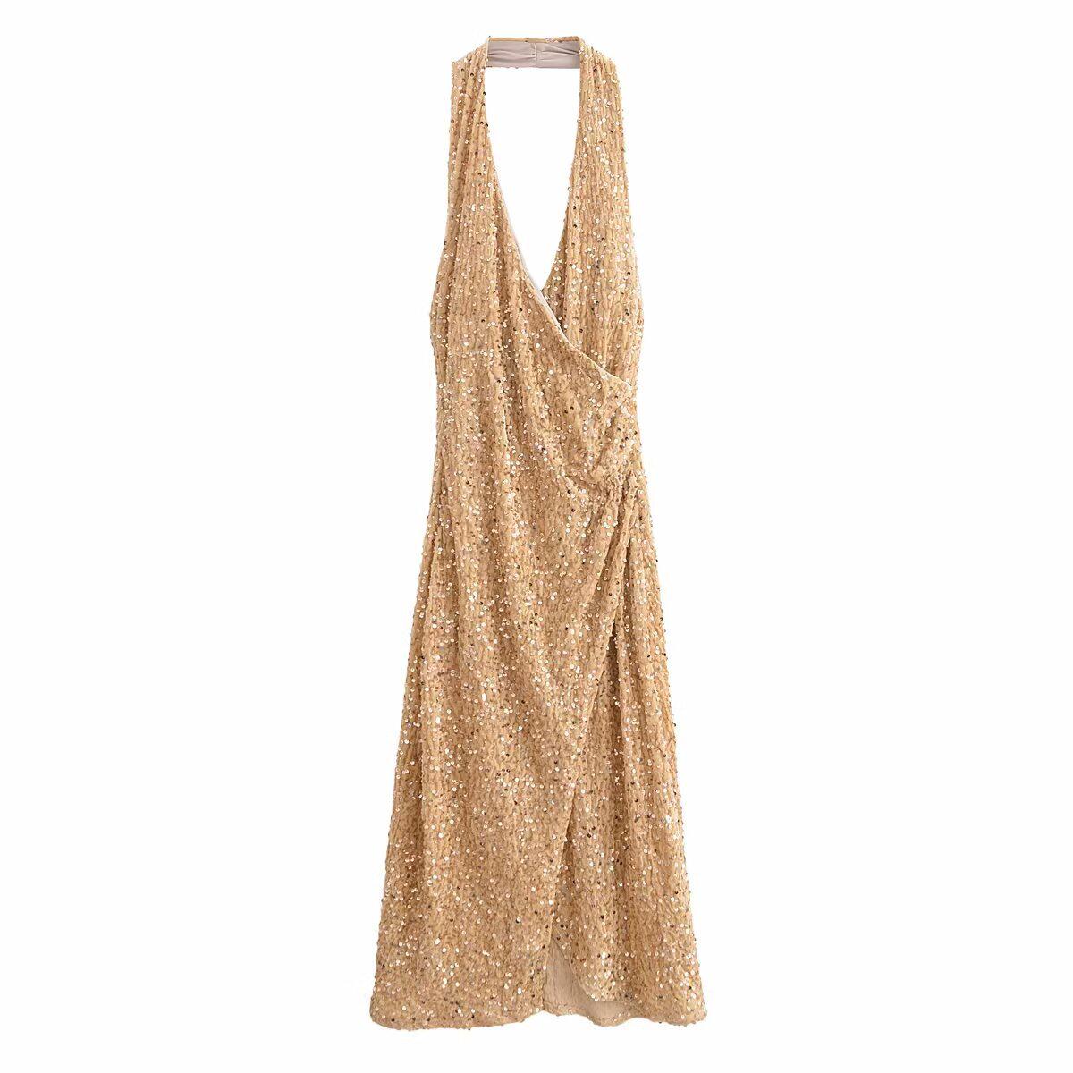 

Зимнее женское платье миди в европейском и американском стиле с пайетками 2024 Medium