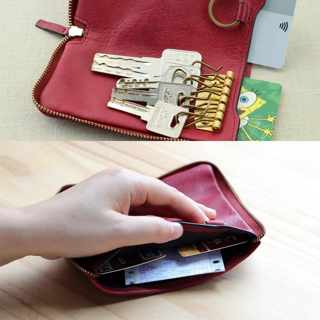 [IJUN] Vintage Key Case with Card Slots and Zipper, Handmade from Vegetable-Tanned Leather