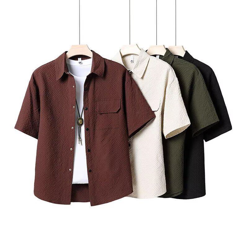 2026 Men's Casual Hong Kong Style Short Sleeve Shirt & Shorts Two-Piece Set