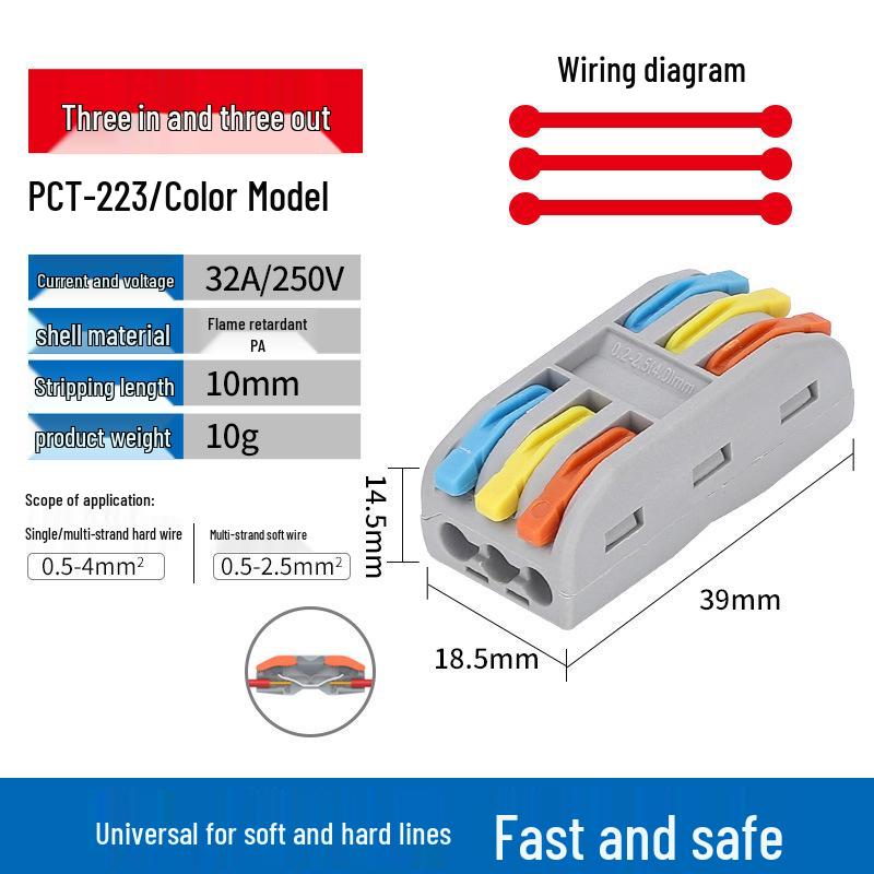 PCT-223 Universal Quick Wiring Terminal: 3-in 3-out for Soft & Hard Wires
