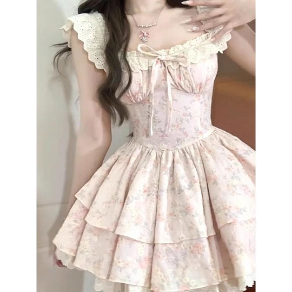 French small flying sleeves lace splicing floral waist high design girl dress waist thin princess dress