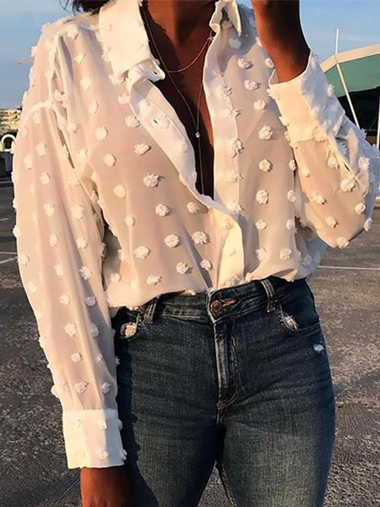 Women's Wish New Round Dot Long Sleeve Button-Down Shirt Top