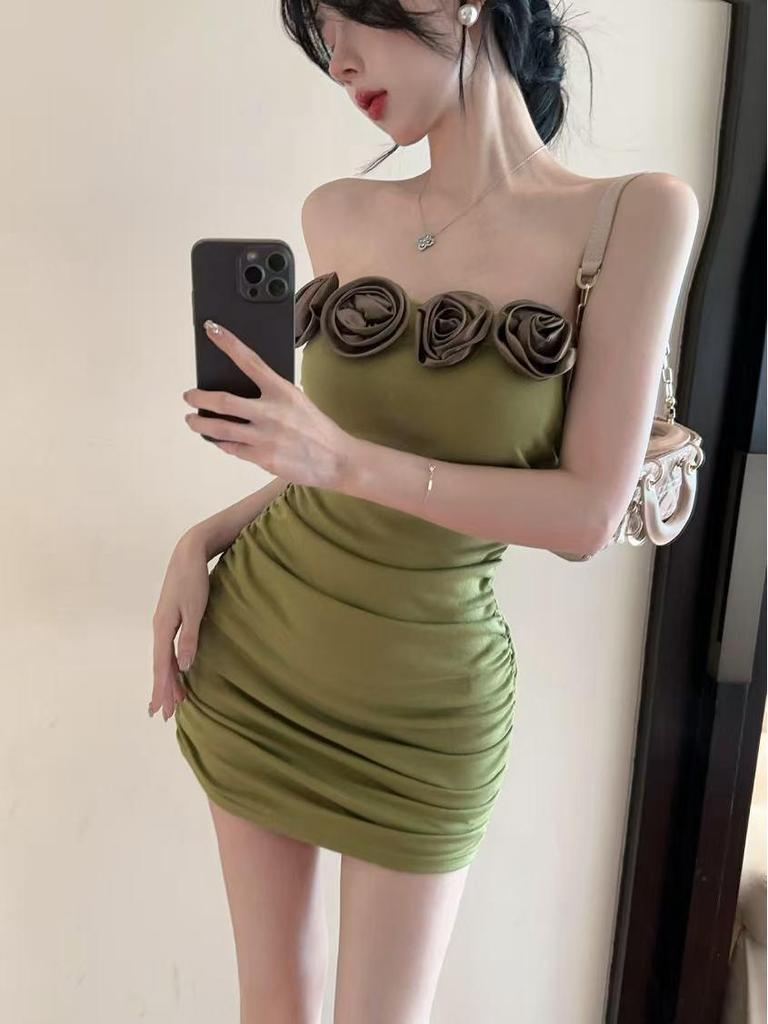 3D Floral Pure Desire One-Shoulder Sexy Dress: Elegant Slim Fit Vest & Short Skirt