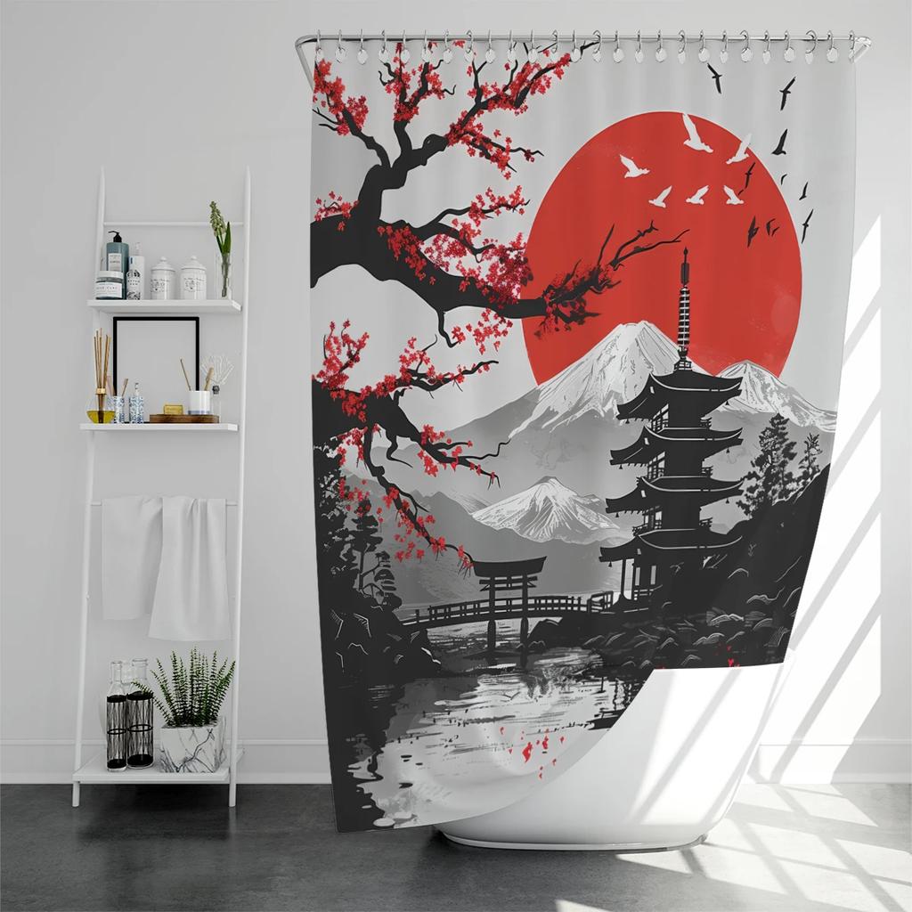1 pc Japanese landscape pattern polyester material shower curtain waterproof fabric, thickened anti mold partition curtain f