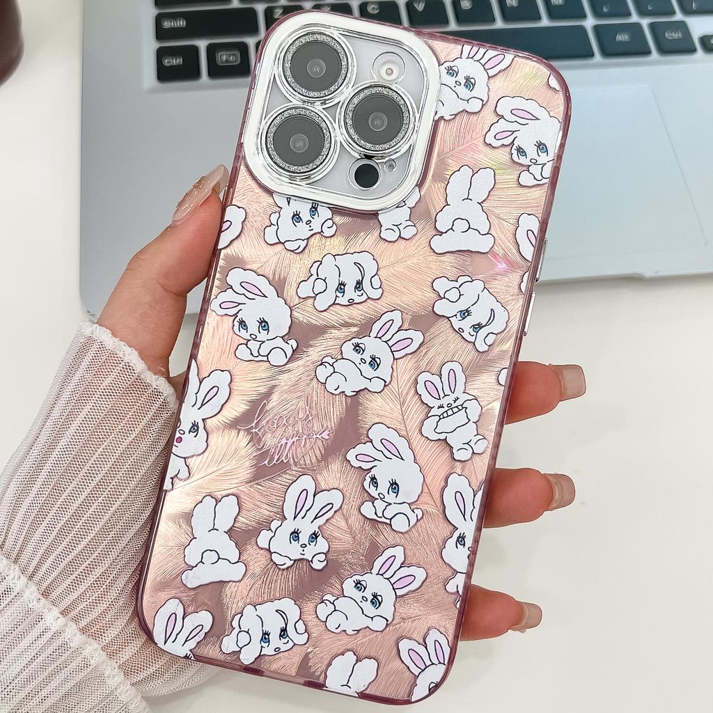 For iPhone 15 Pro Max Case IMD Cartoon PC+TPU Protective Mobile Cover with Glass Lens Film