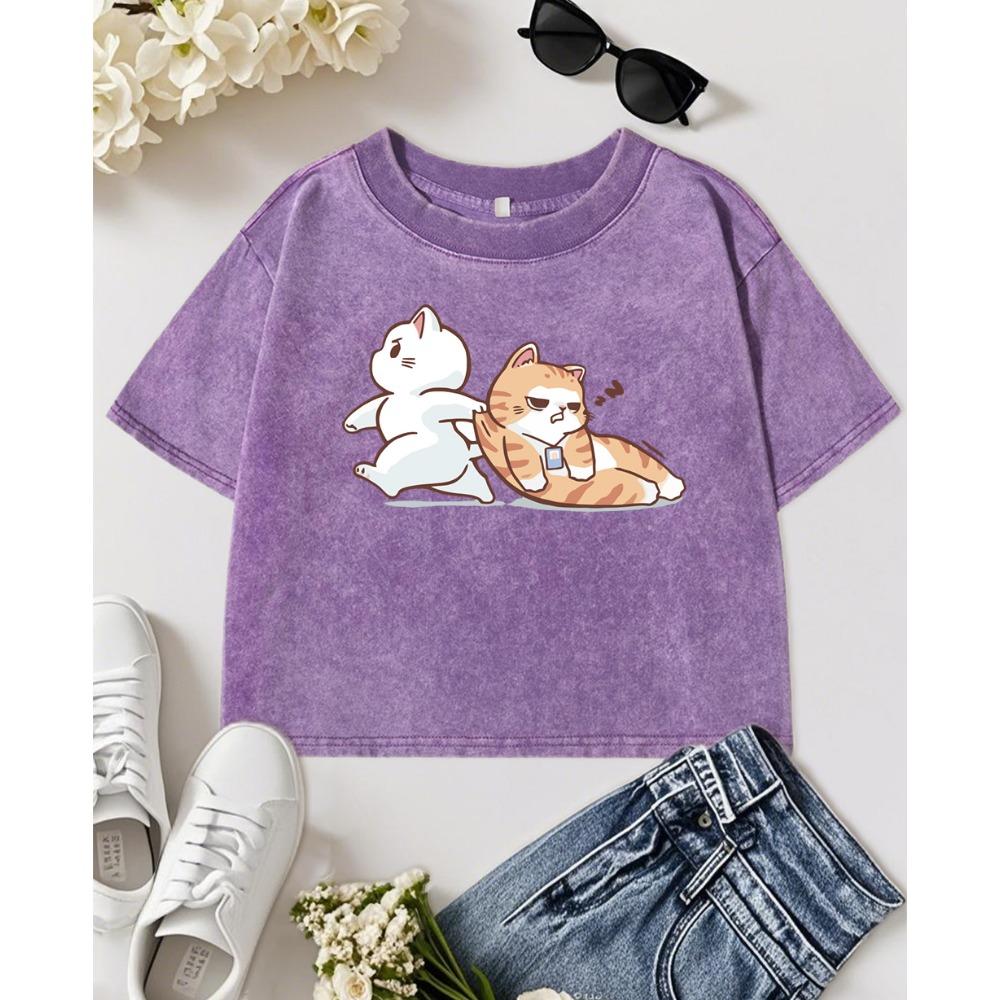 

Спасите Спящего Кота Мультяшный Принт Женская Выстиранная Футболка Слим Y2K Хлопковый Укороченный Топ Футболка с Коротким Рукавом M