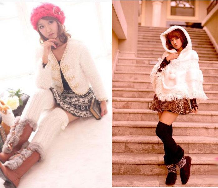 Extra Long Cable Knit Over-the-Knee Leg Warmers with Pom Pom