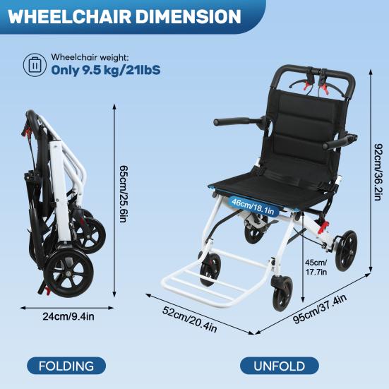 17.7 Inches Transport Wheelchair Lightweight Foldable Wheelchair Portable Aluminum Alloy Travel Wheelchair with Handlebar Brake Lever for Adults