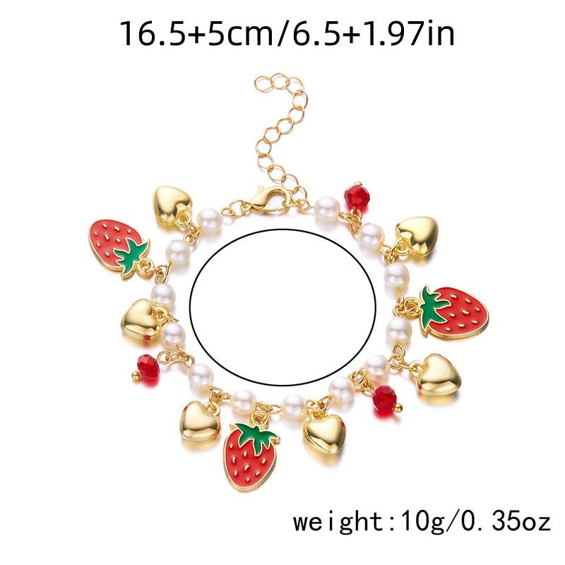 Romantic Sweet Red Strawberry Chain Bracelets for Women Imitation Pearl Heart Cherry Pendant Bracelets Friendship Jewelry Gift