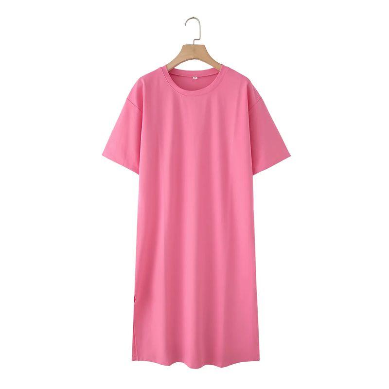Summer New Product Women's Clothes Round Neck Short Sleeve Slit Design Cotton Long A- Line T-shirt Dress 4174465